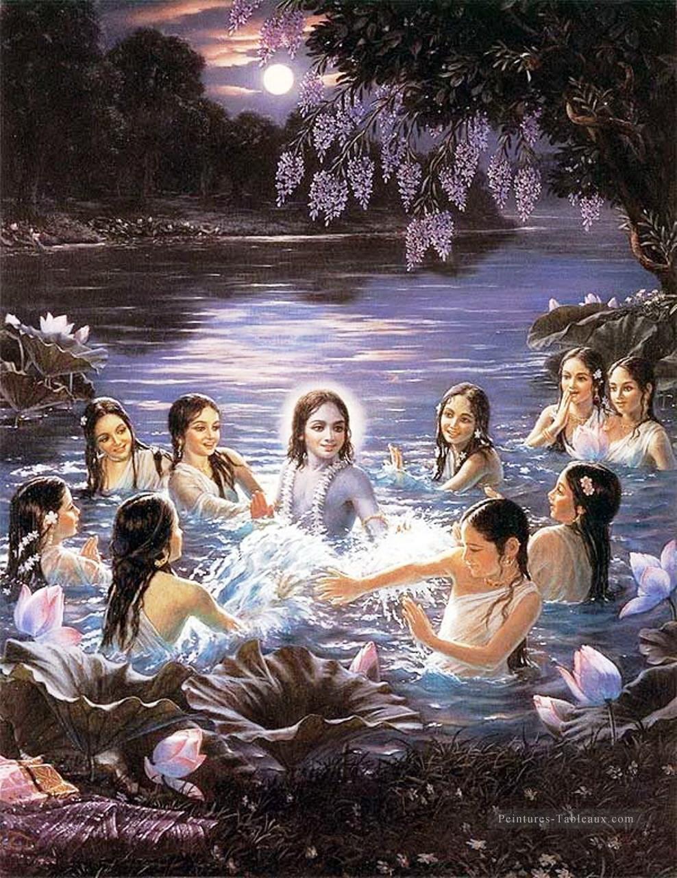Radha Krishna et les filles dans l’étang Hindoo Peintures à l'huile